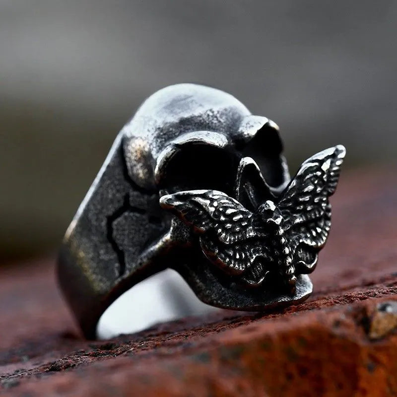 Vintage Moth Skull Stainless Steel Ring