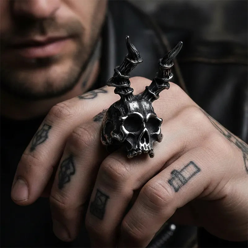 Vintage Punk Ram's Horn Skull Ring