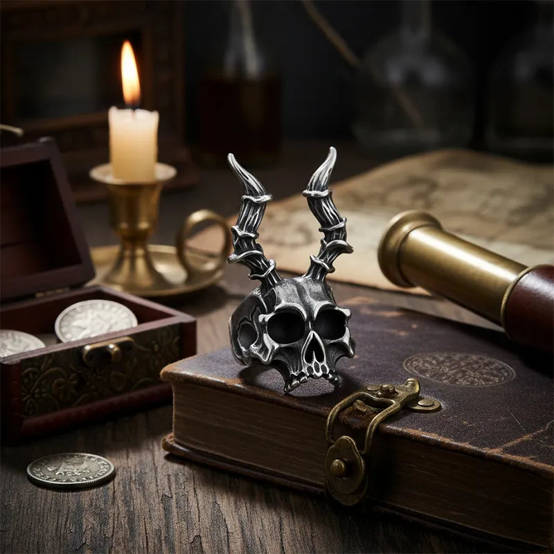 Vintage Punk Ram's Horn Skull Ring