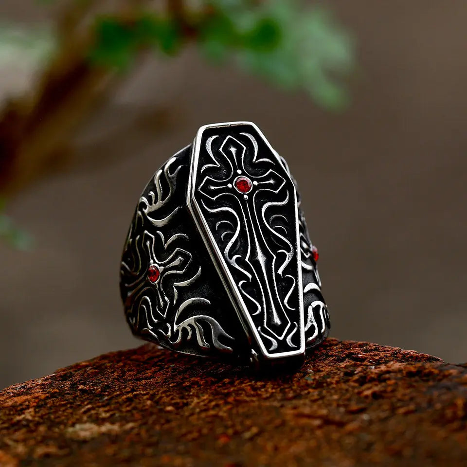 Vampire Coffin Gemstone Stainless Steel Ring