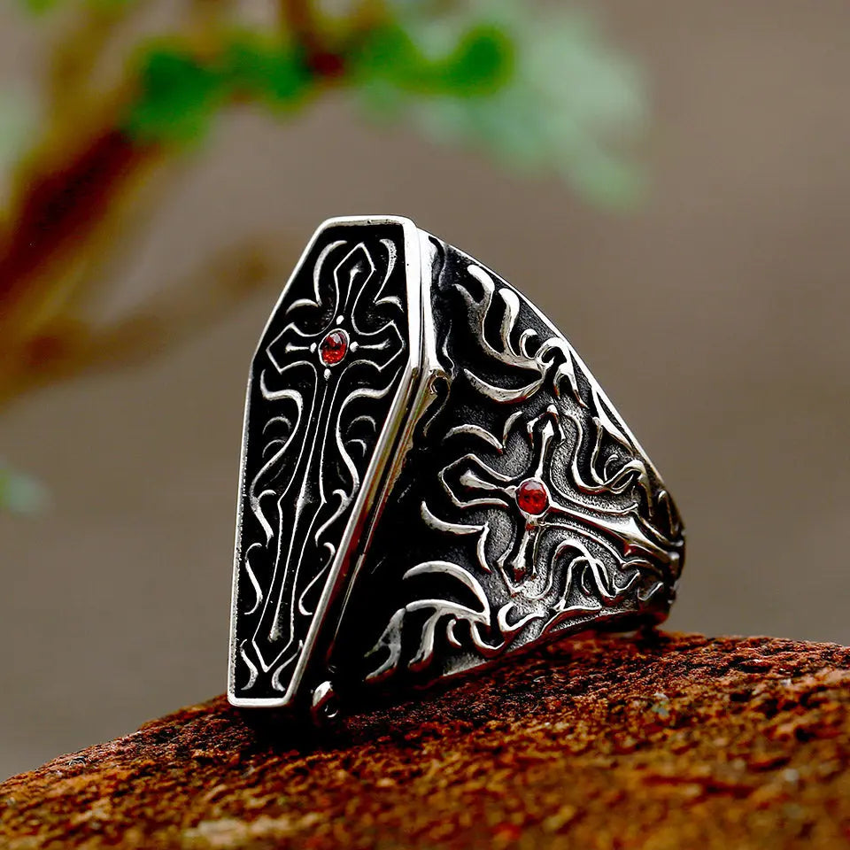 Vampire Coffin Gemstone Stainless Steel Ring