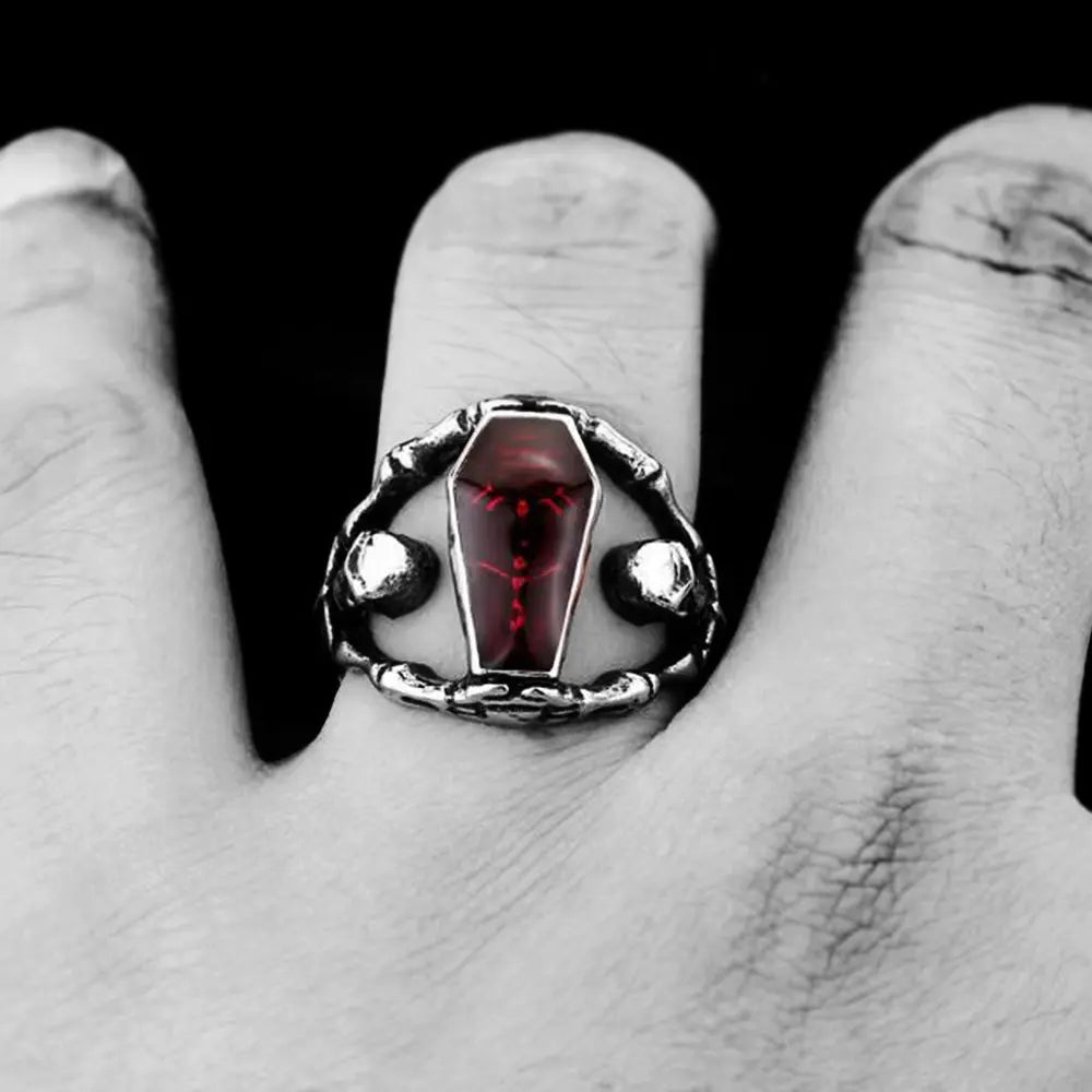 Vampire Coffin Stainless Steel Ruby Ring