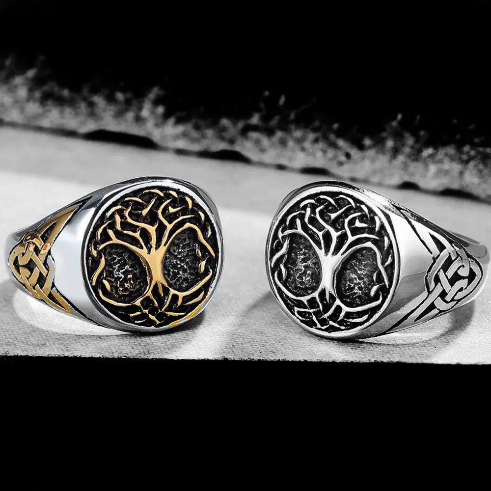 Viking Tree of Life Stainless Steel Two-Color Ring