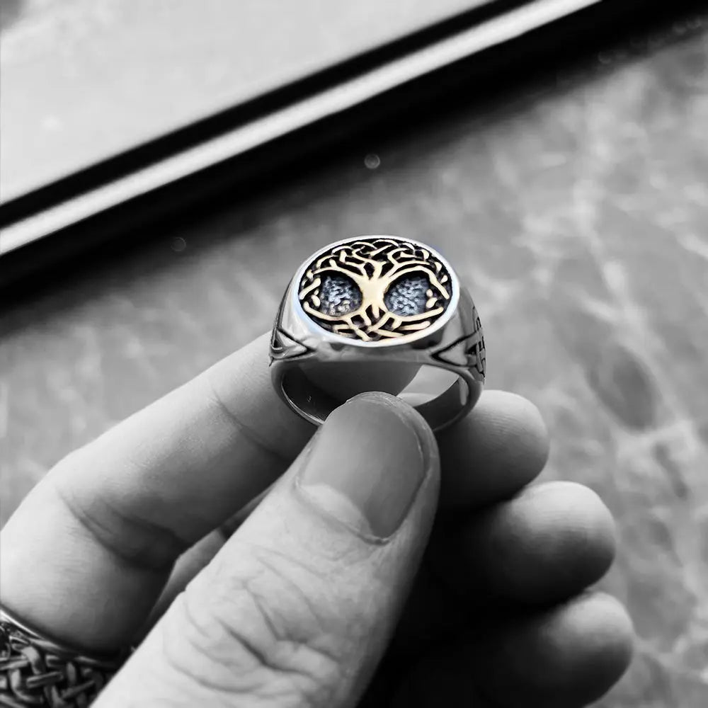 Viking Tree of Life Stainless Steel Two-Color Ring