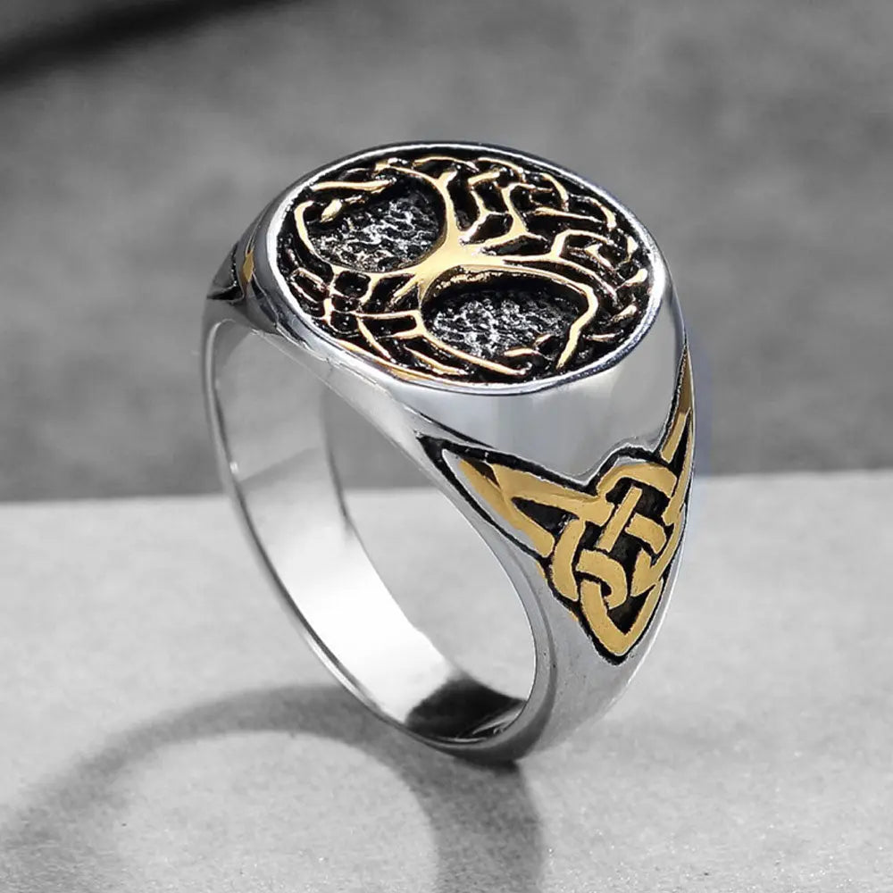 Viking Tree of Life Stainless Steel Two-Color Ring