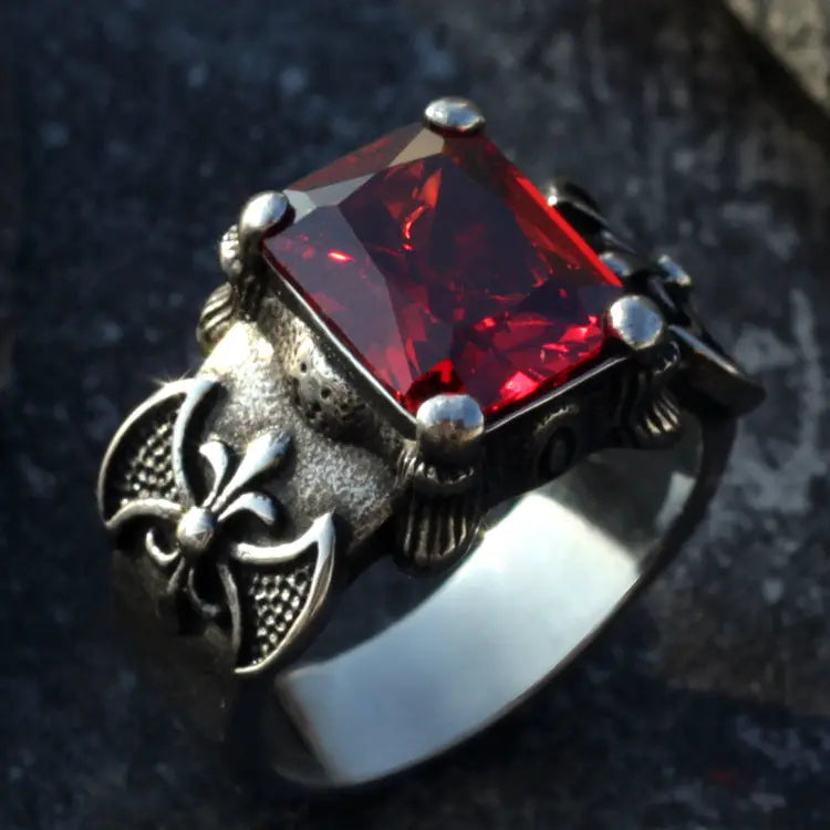 Viking Warrior Axe Gemstone Inlaid Ring
