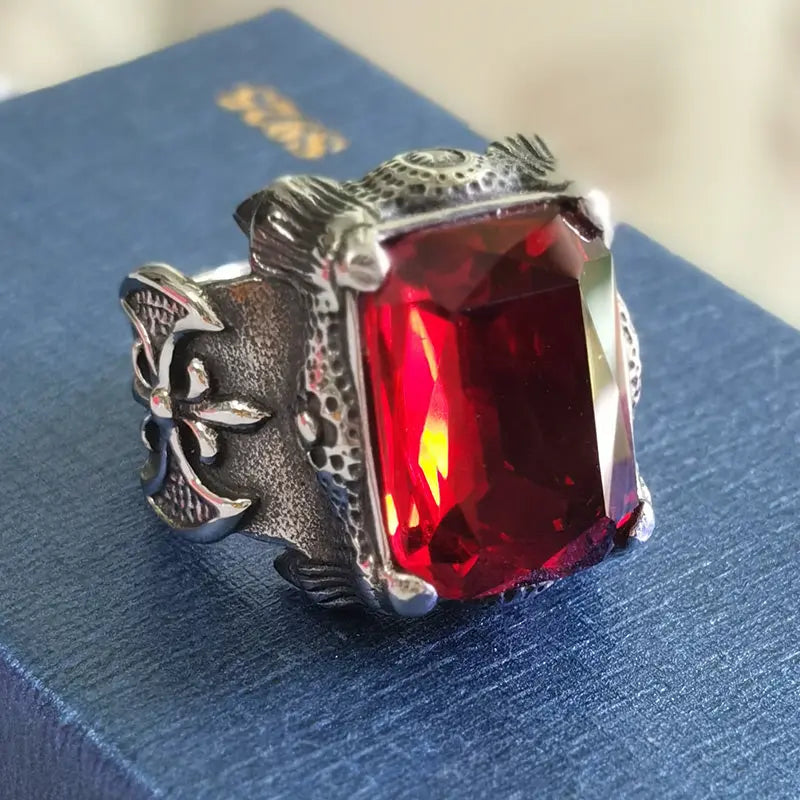 Viking Warrior Axe Gemstone Inlaid Ring