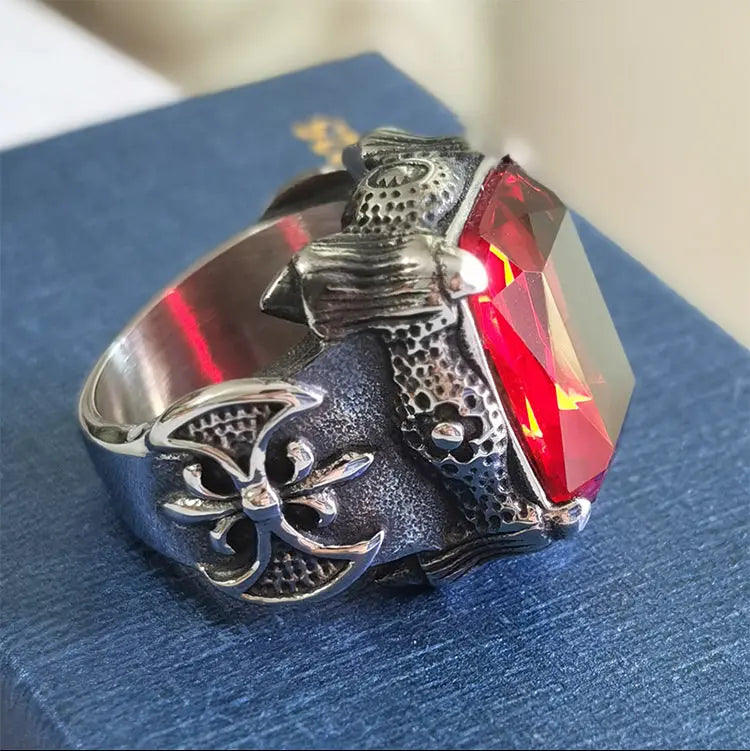 Viking Warrior Axe Gemstone Inlaid Ring