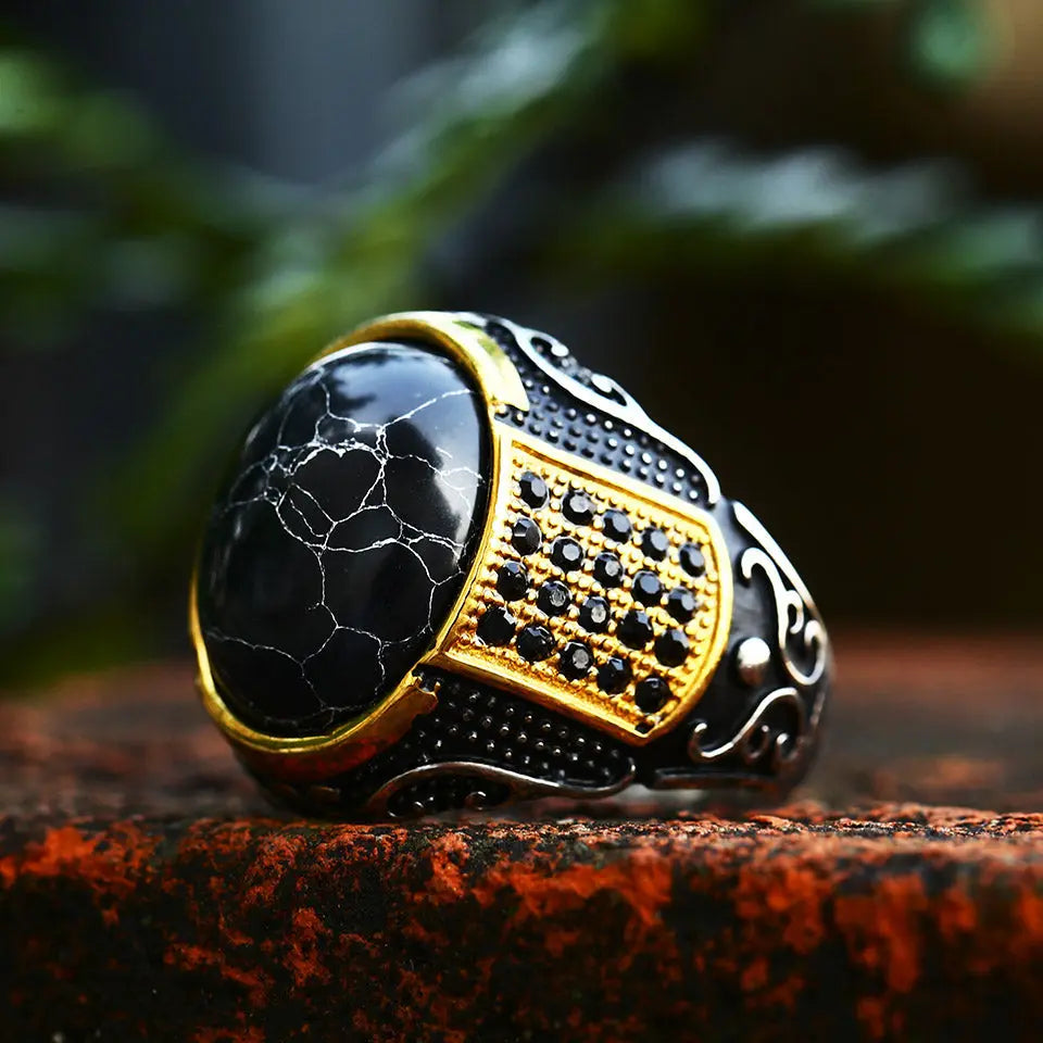 Vintage Black Turquoise Stainless Steel Ring