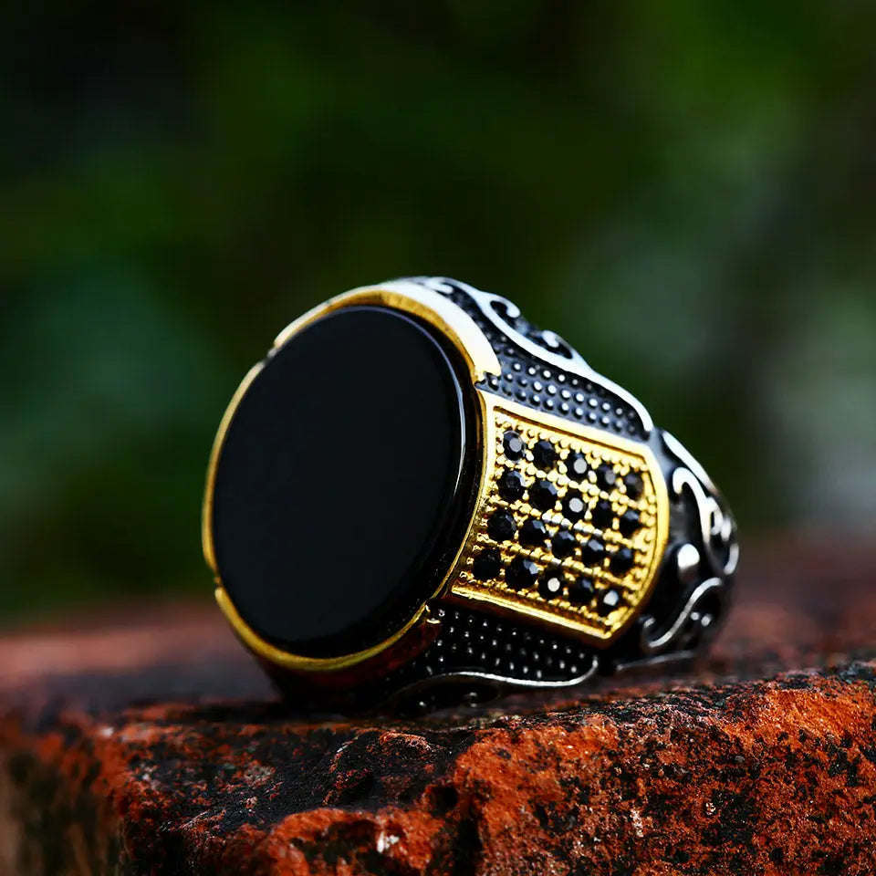 Vintage Black Turquoise Stainless Steel Ring