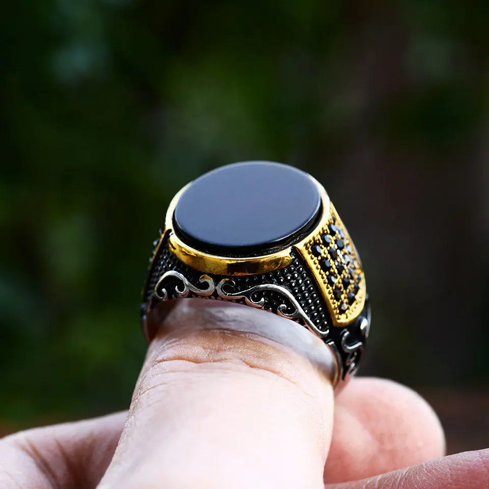 Vintage Black Turquoise Stainless Steel Ring