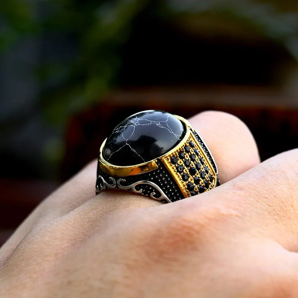 Vintage Black Turquoise Stainless Steel Ring