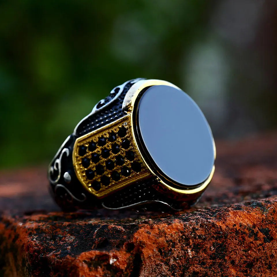 Vintage Black Turquoise Stainless Steel Ring