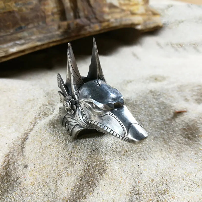 Vintage Egyptian Anubis God Wolf Head Ring