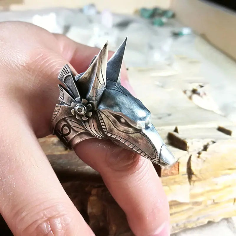 Vintage Egyptian Anubis God Wolf Head Ring