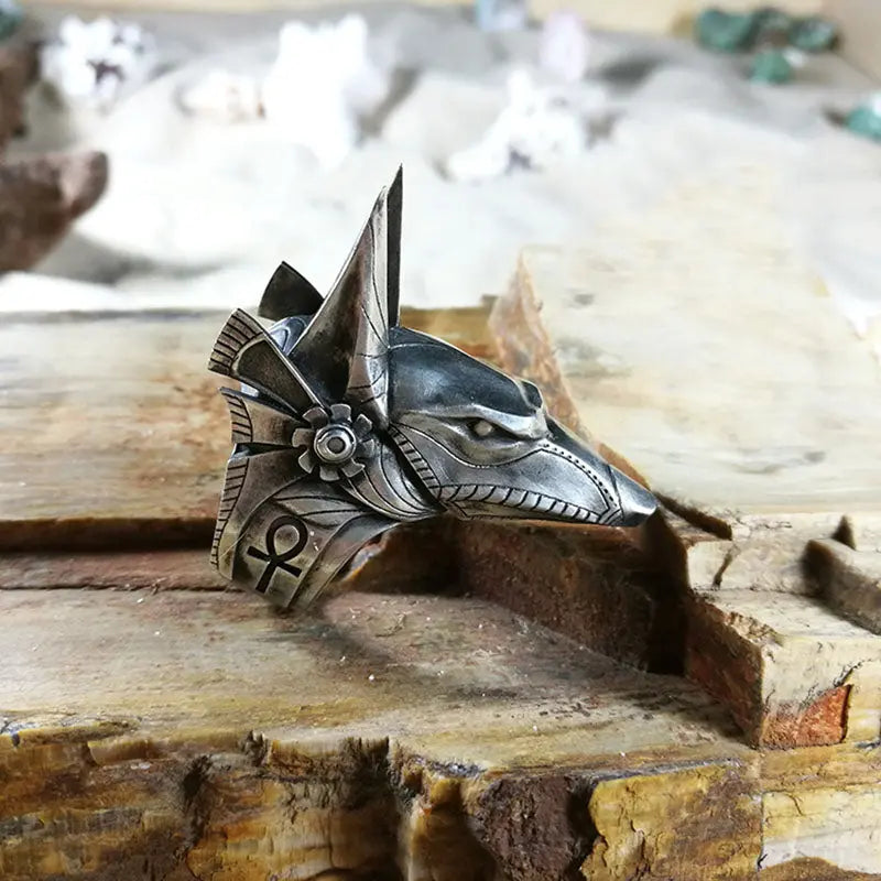 Vintage Egyptian Anubis God Wolf Head Ring