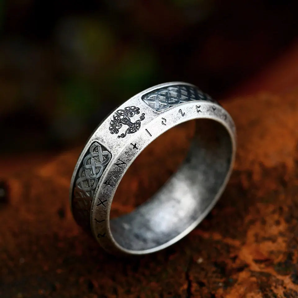Vintage Tree of Life With Celtic Knot Rune Ring Band