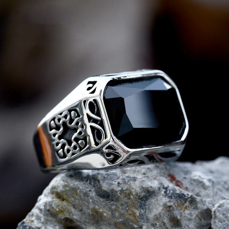 Vintage Obsidian Stainless Steel Ring