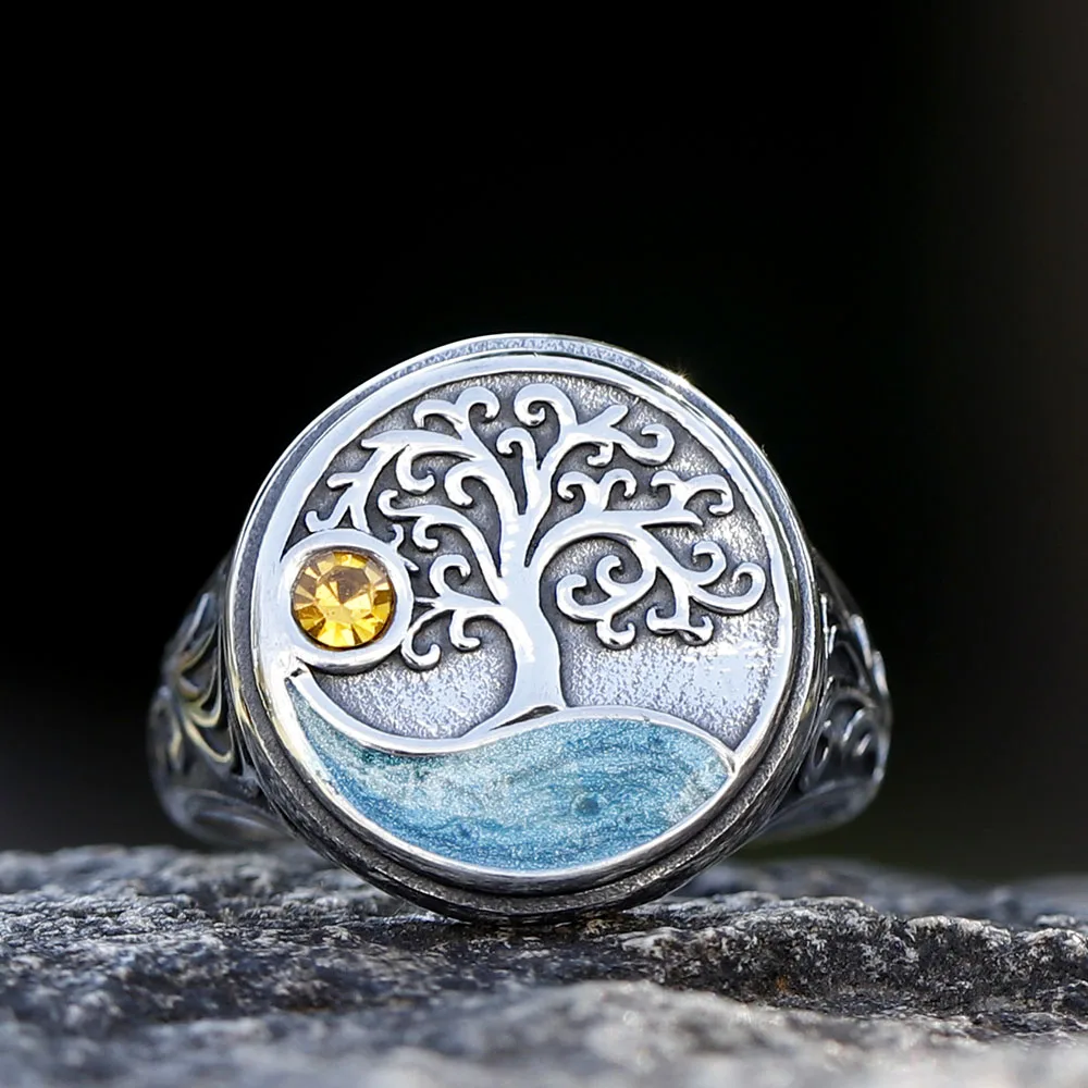 Vintage Viking Tree Of Life Yellow Zircon Ring