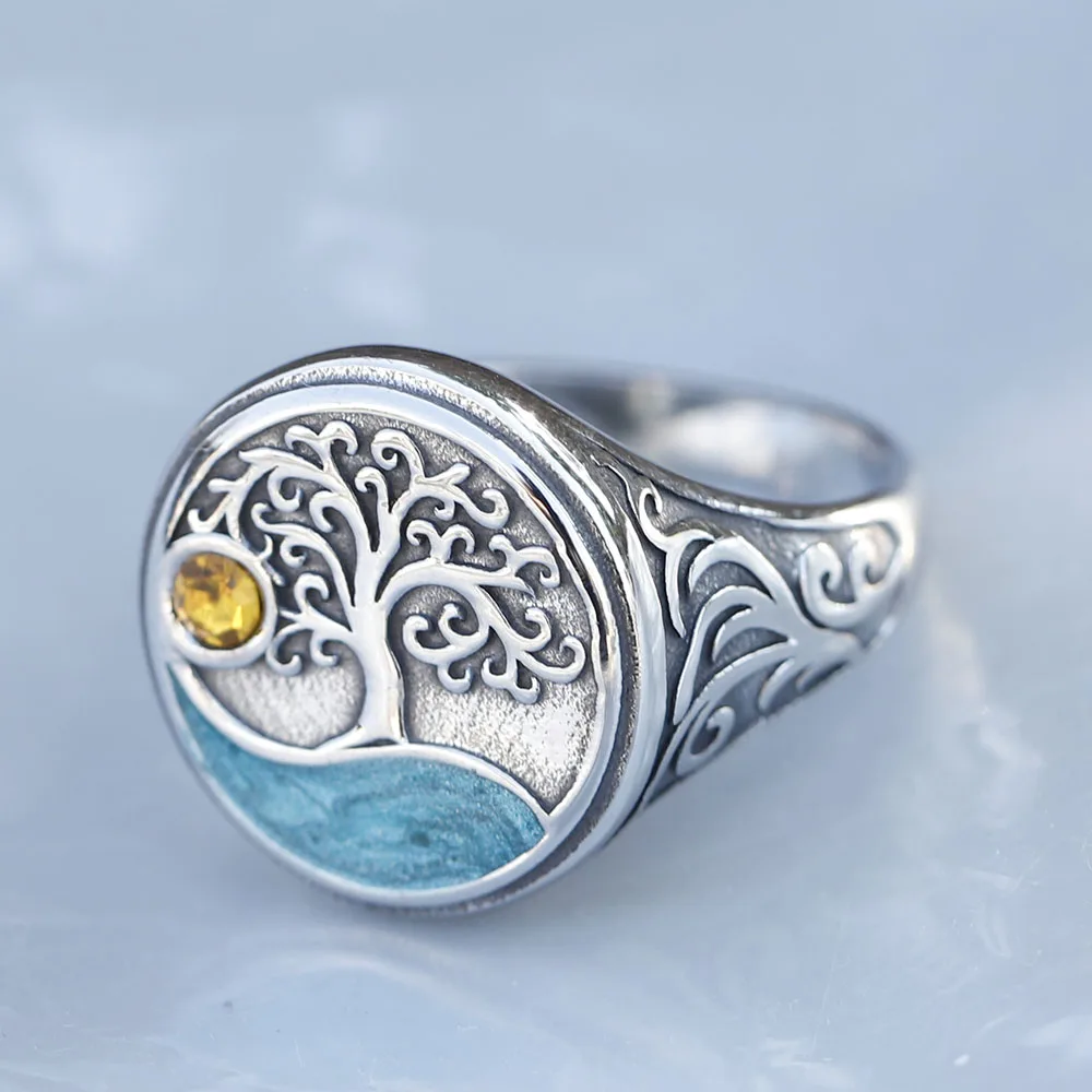 Vintage Viking Tree Of Life Yellow Zircon Ring