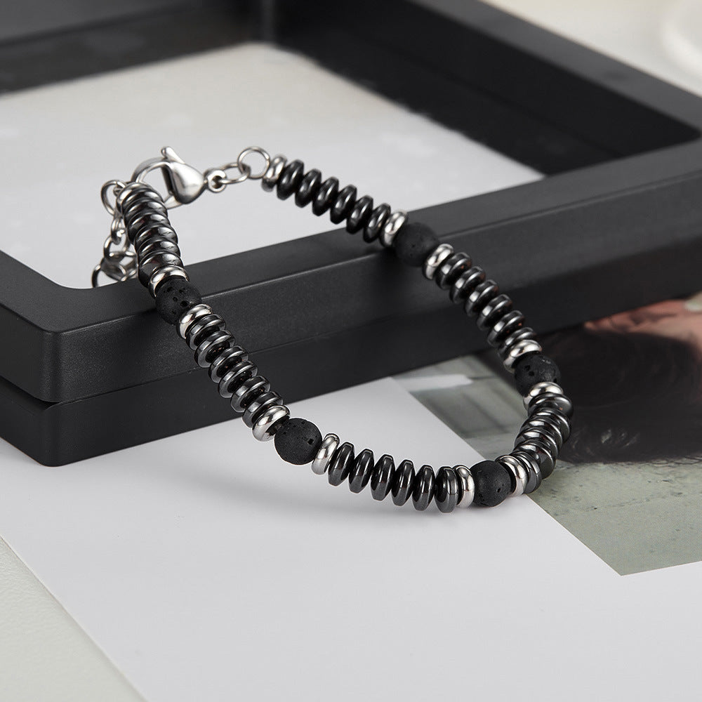 Volcanic Rock Hematite Stainless Steel Bracelet