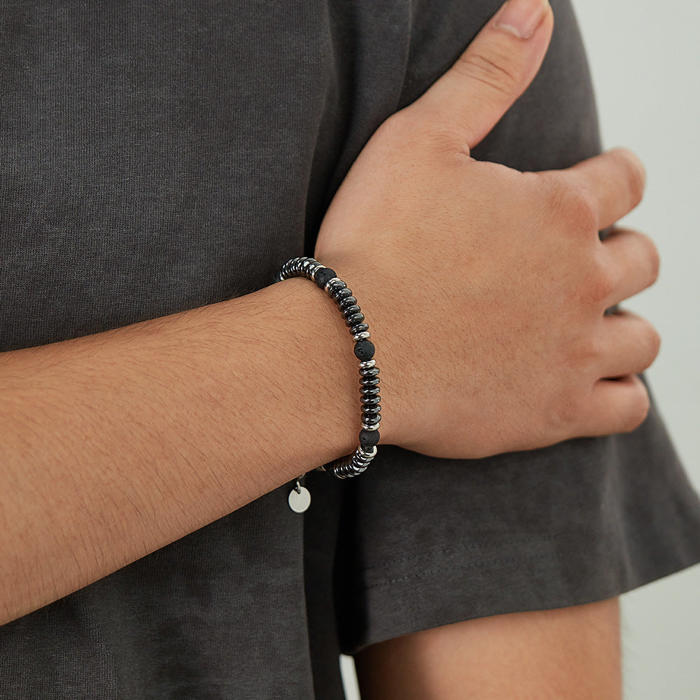 Volcanic Rock Hematite Stainless Steel Bracelet