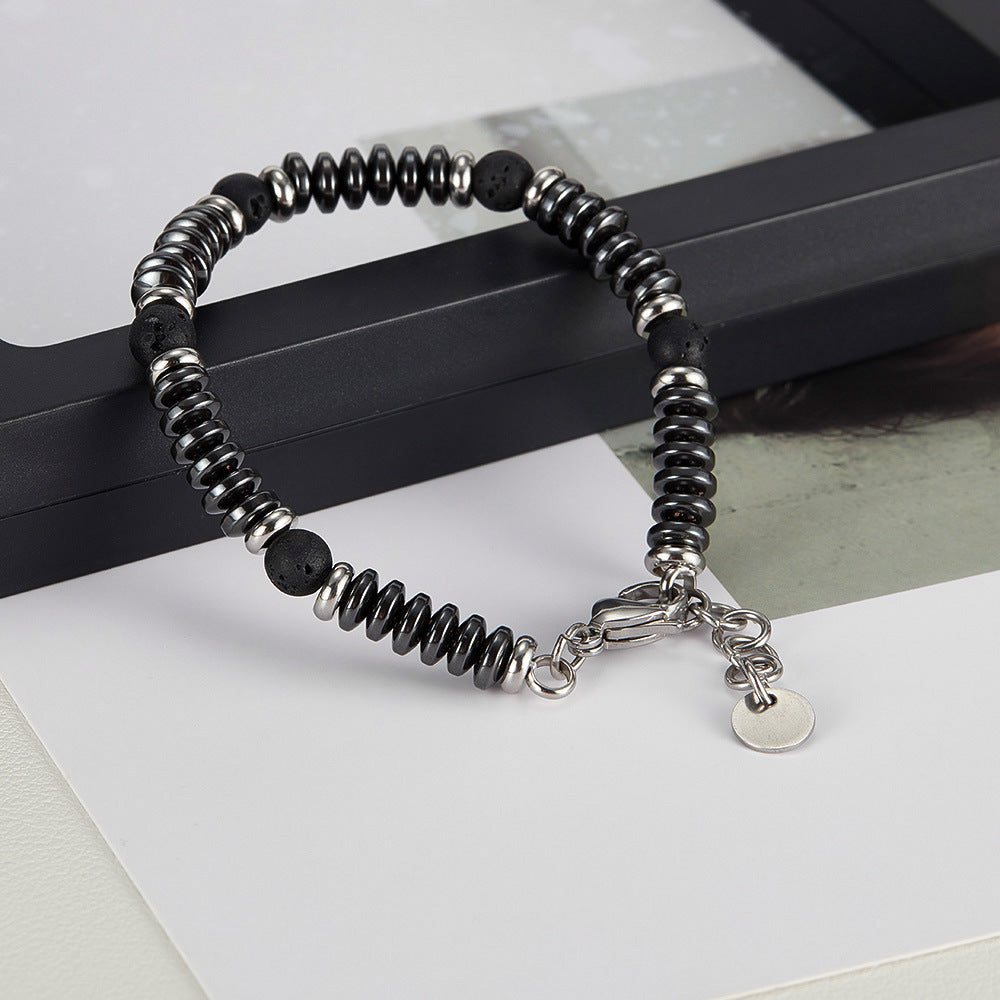 Volcanic Rock Hematite Stainless Steel Bracelet