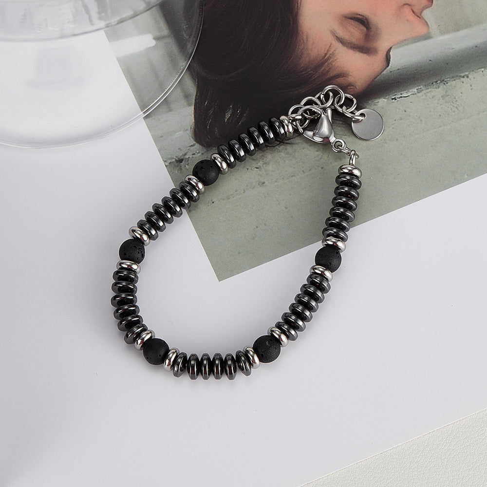 Volcanic Rock Hematite Stainless Steel Bracelet