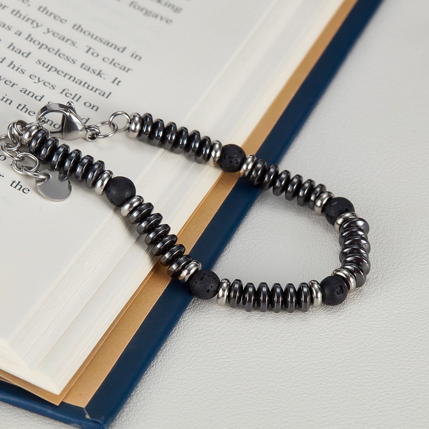 Volcanic Rock Hematite Stainless Steel Bracelet