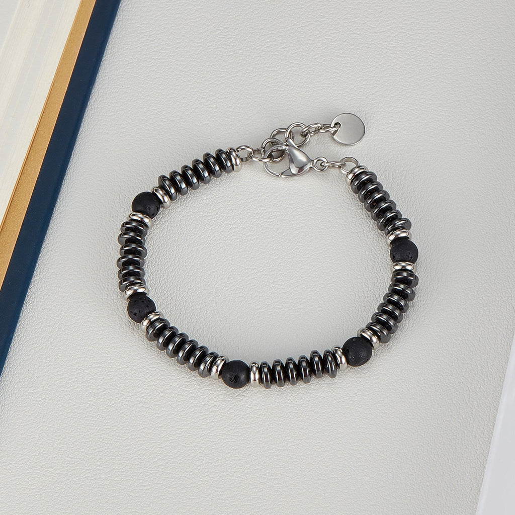 Volcanic Rock Hematite Stainless Steel Bracelet