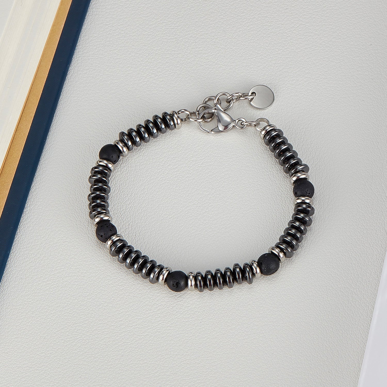 Volcanic Rock Hematite Stainless Steel Bracelet