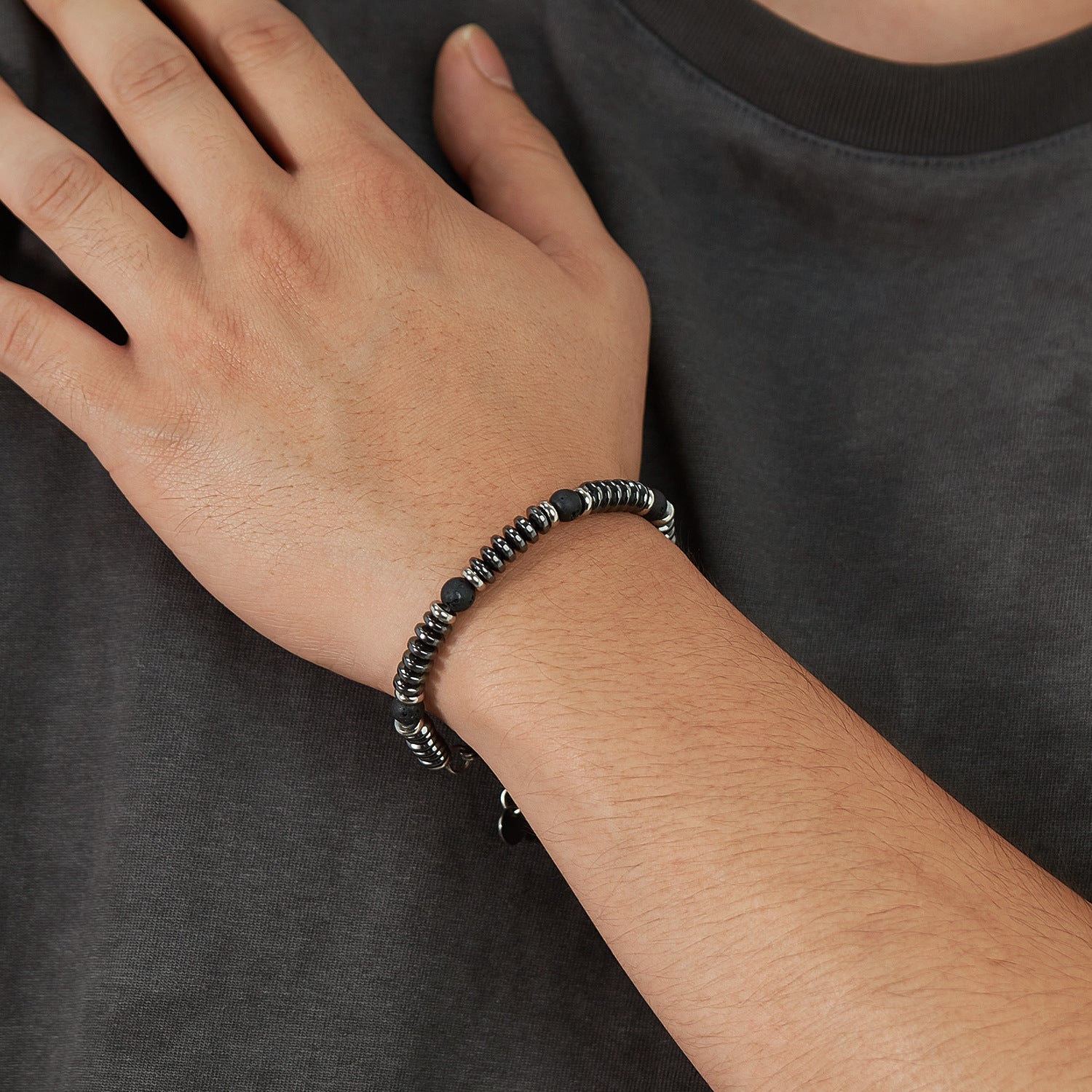 Volcanic Rock Hematite Stainless Steel Bracelet