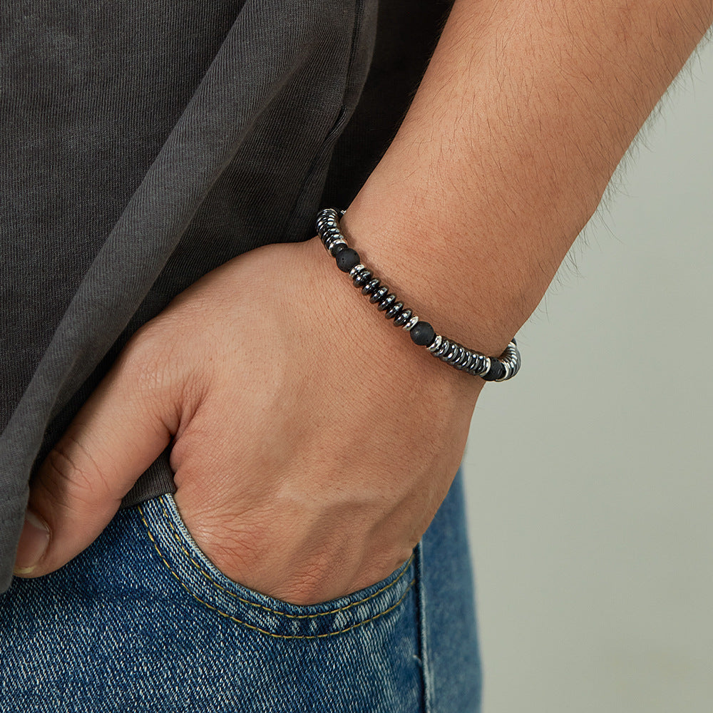Volcanic Rock Hematite Stainless Steel Bracelet