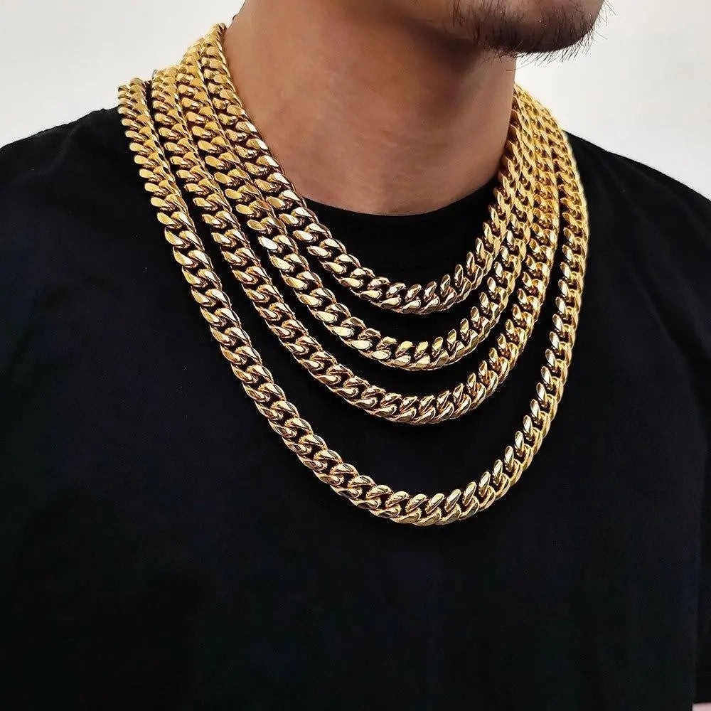 Zirconia Inlaid Box Clasp Cuban Chain-Gold