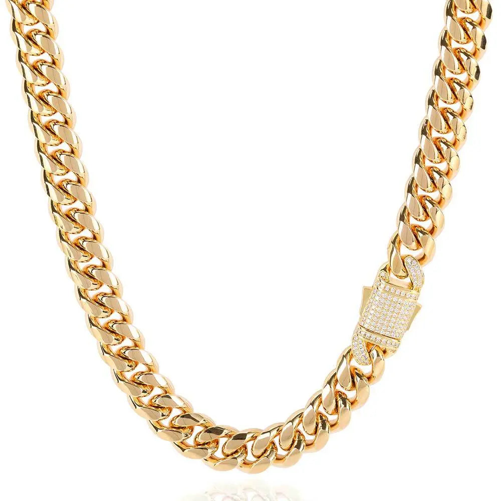 Zirconia Inlaid Box Clasp Cuban Chain-Gold