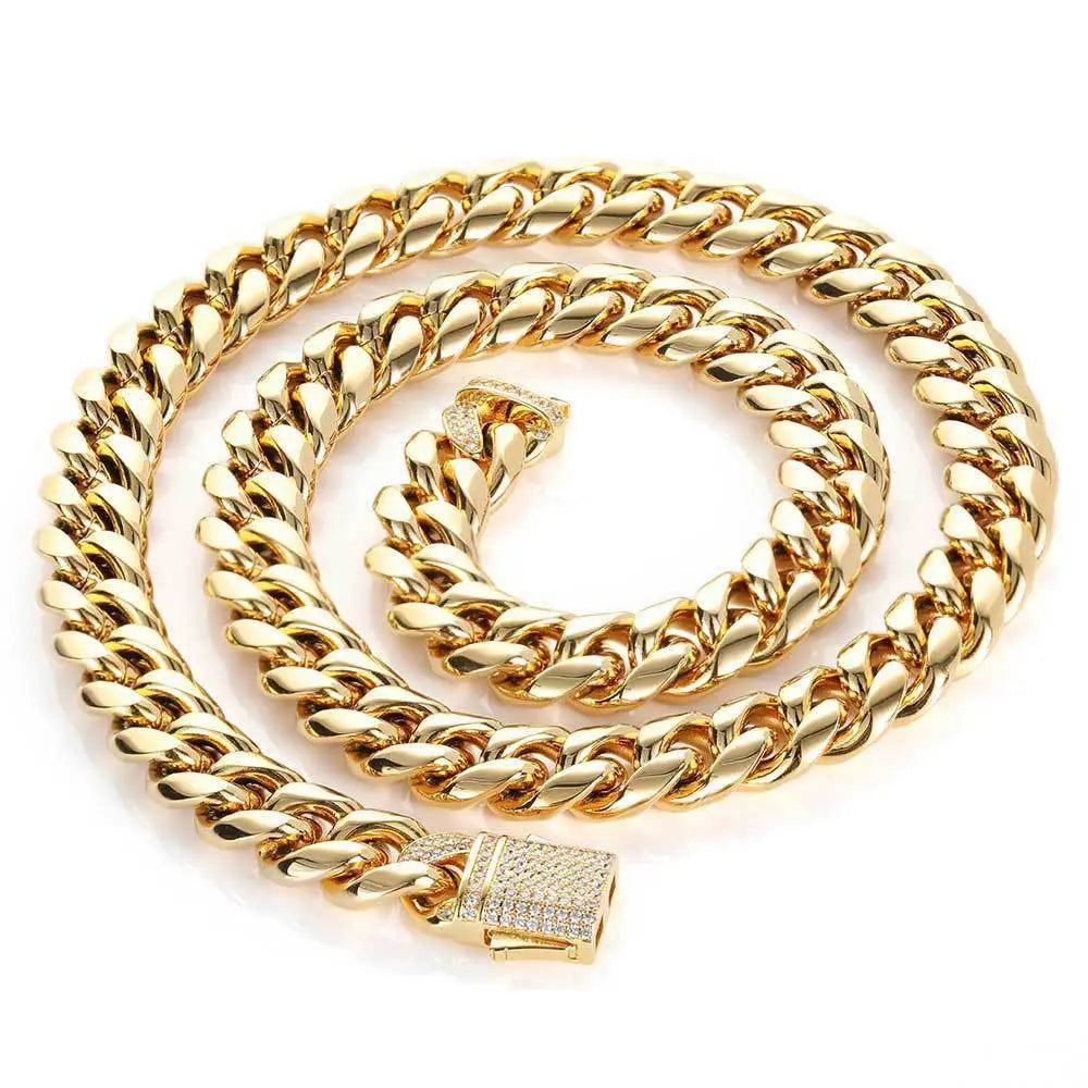 Zirconia Inlaid Box Clasp Cuban Chain-Gold