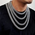 Zirconia Inlaid Box Clasp Cuban Chain-Silver