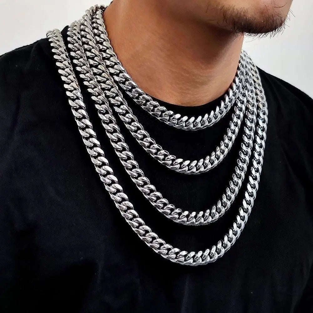 Zirconia Inlaid Box Clasp Cuban Chain-Silver
