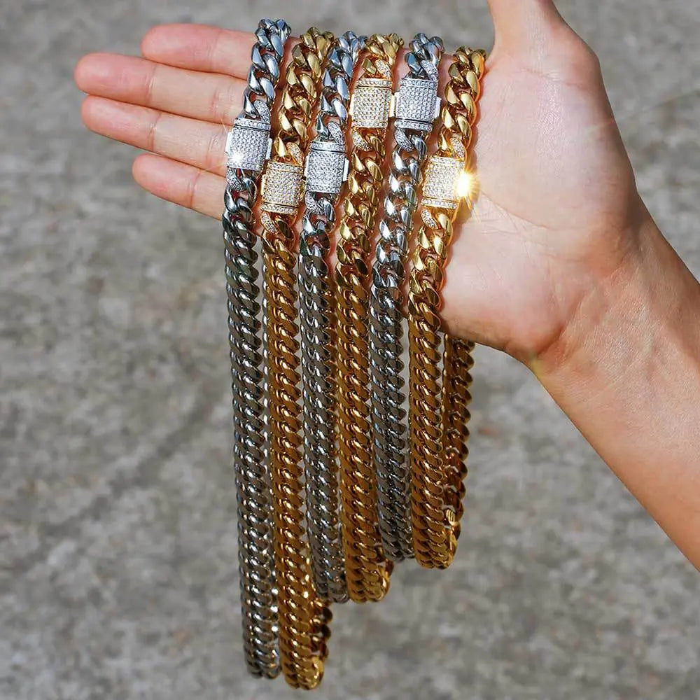 Zirconia Inlaid Box Clasp Cuban Chain-Silver