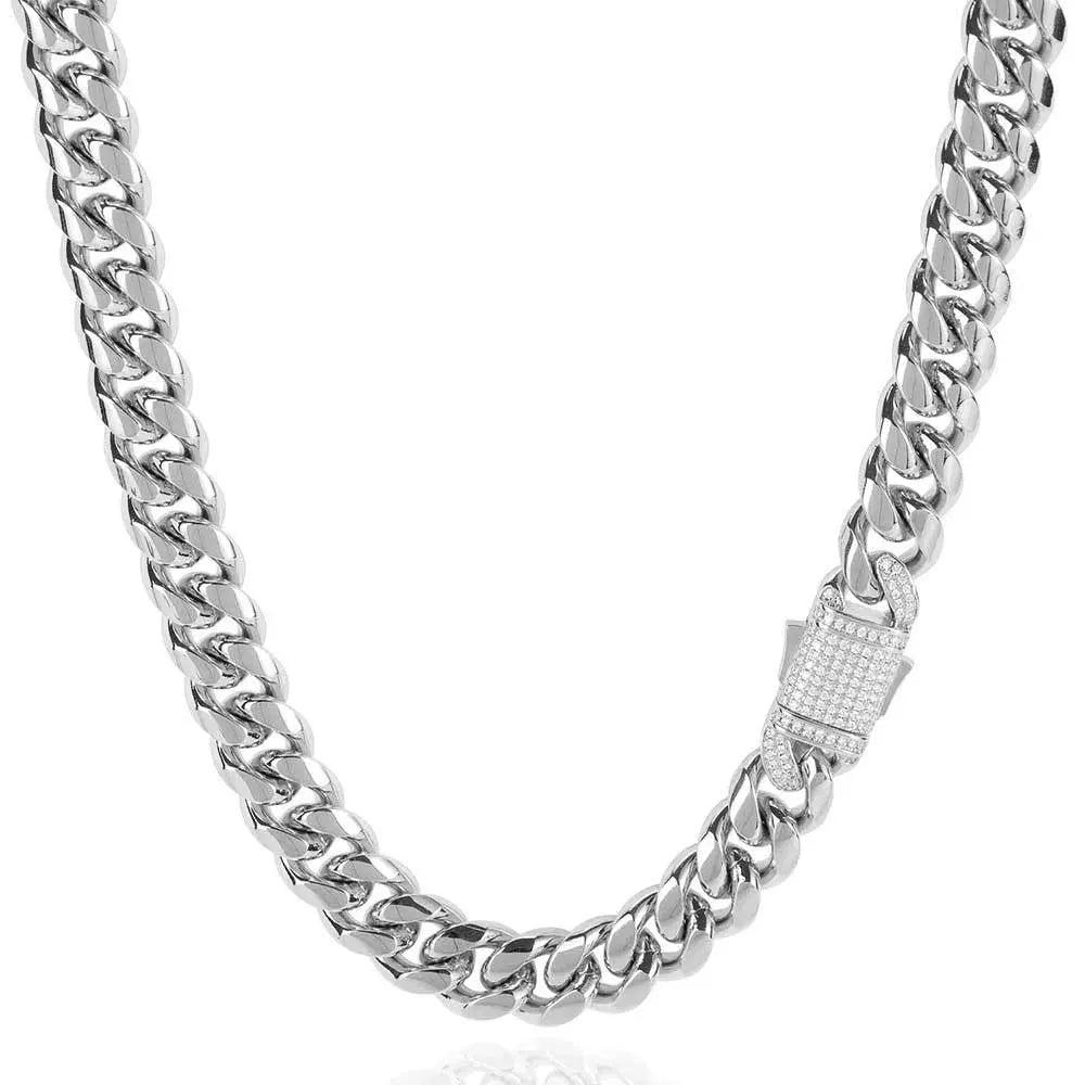 Zirconia Inlaid Box Clasp Cuban Chain-Silver
