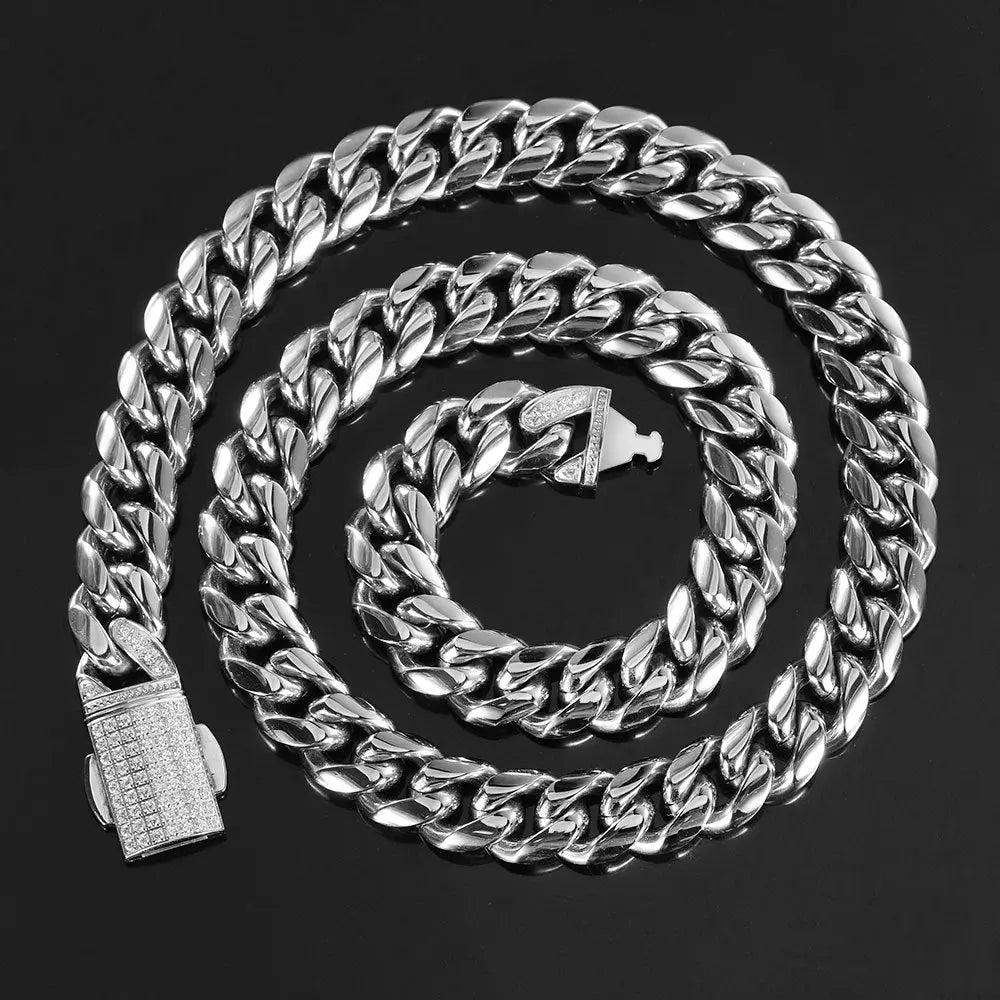 Zirconia Inlaid Box Clasp Cuban Chain-Silver