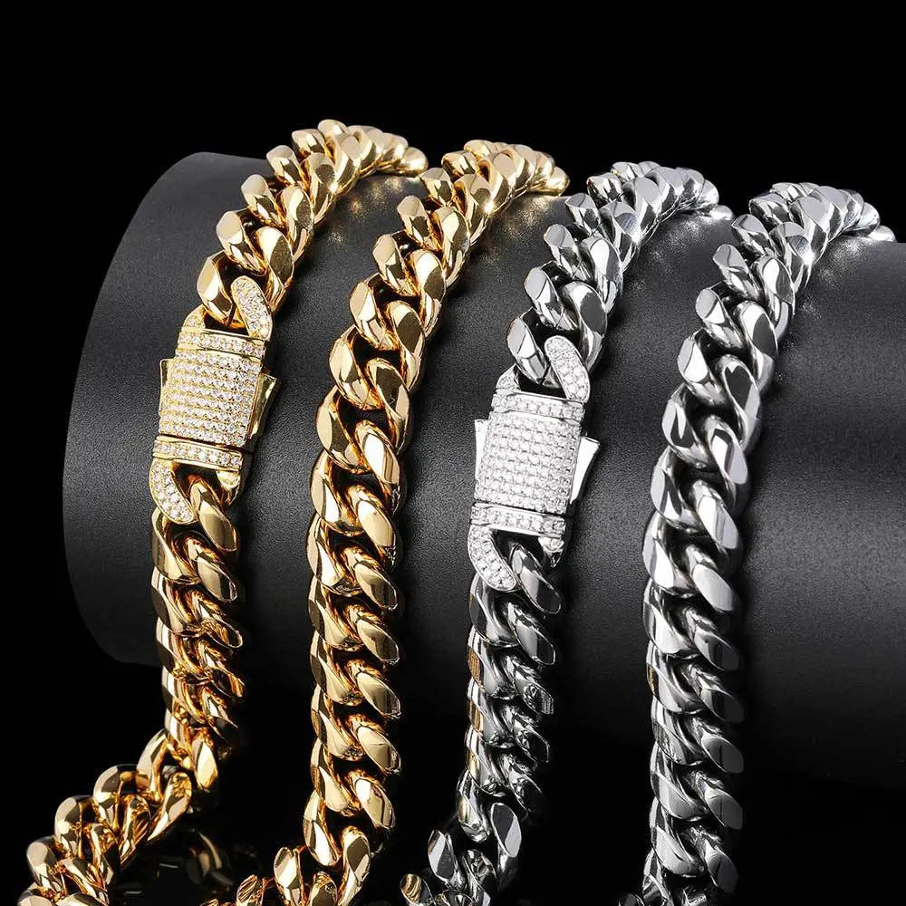 Zirconia Inlaid Box Clasp Cuban Chain-Silver