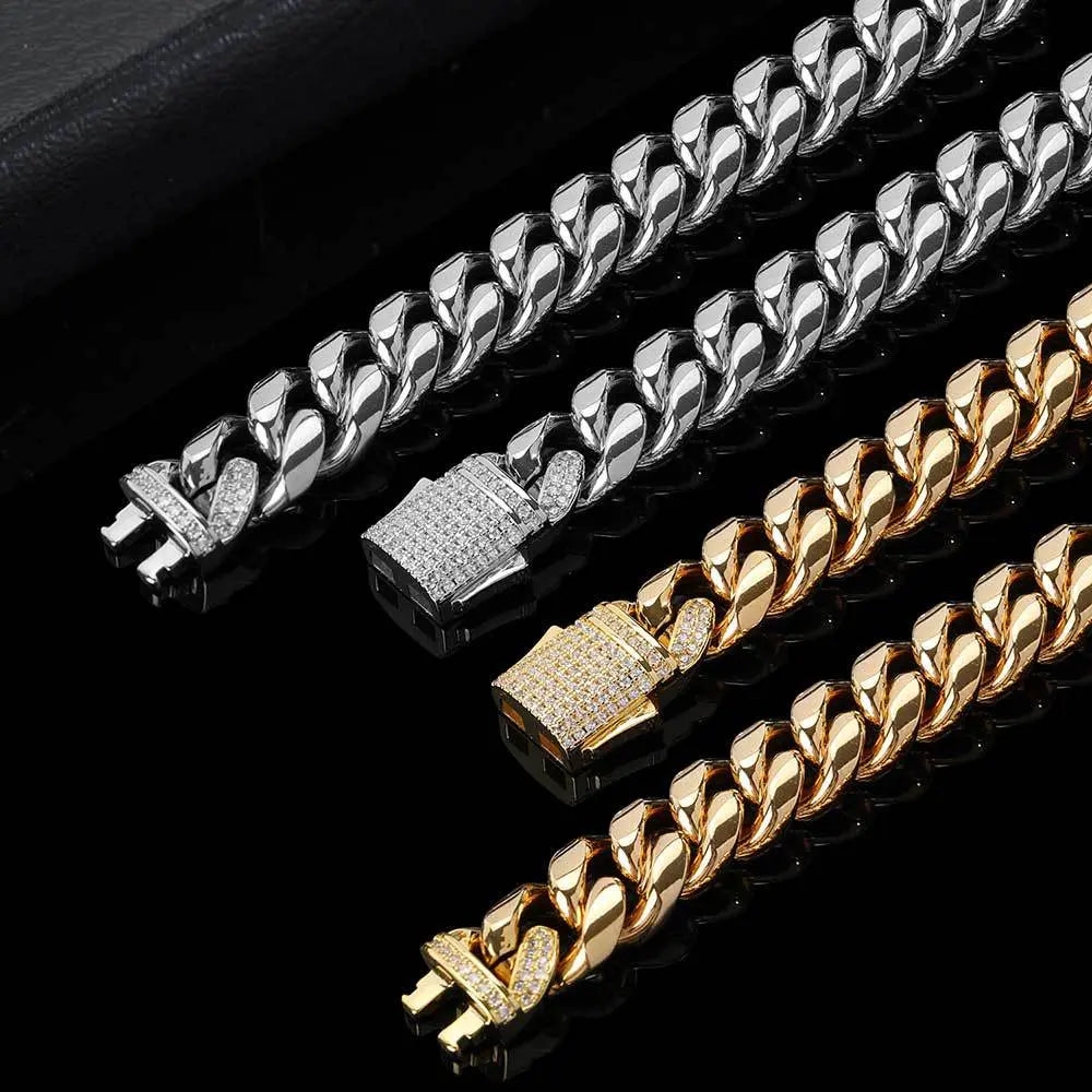 Zirconia Inlaid Box Clasp Cuban Chain-Silver