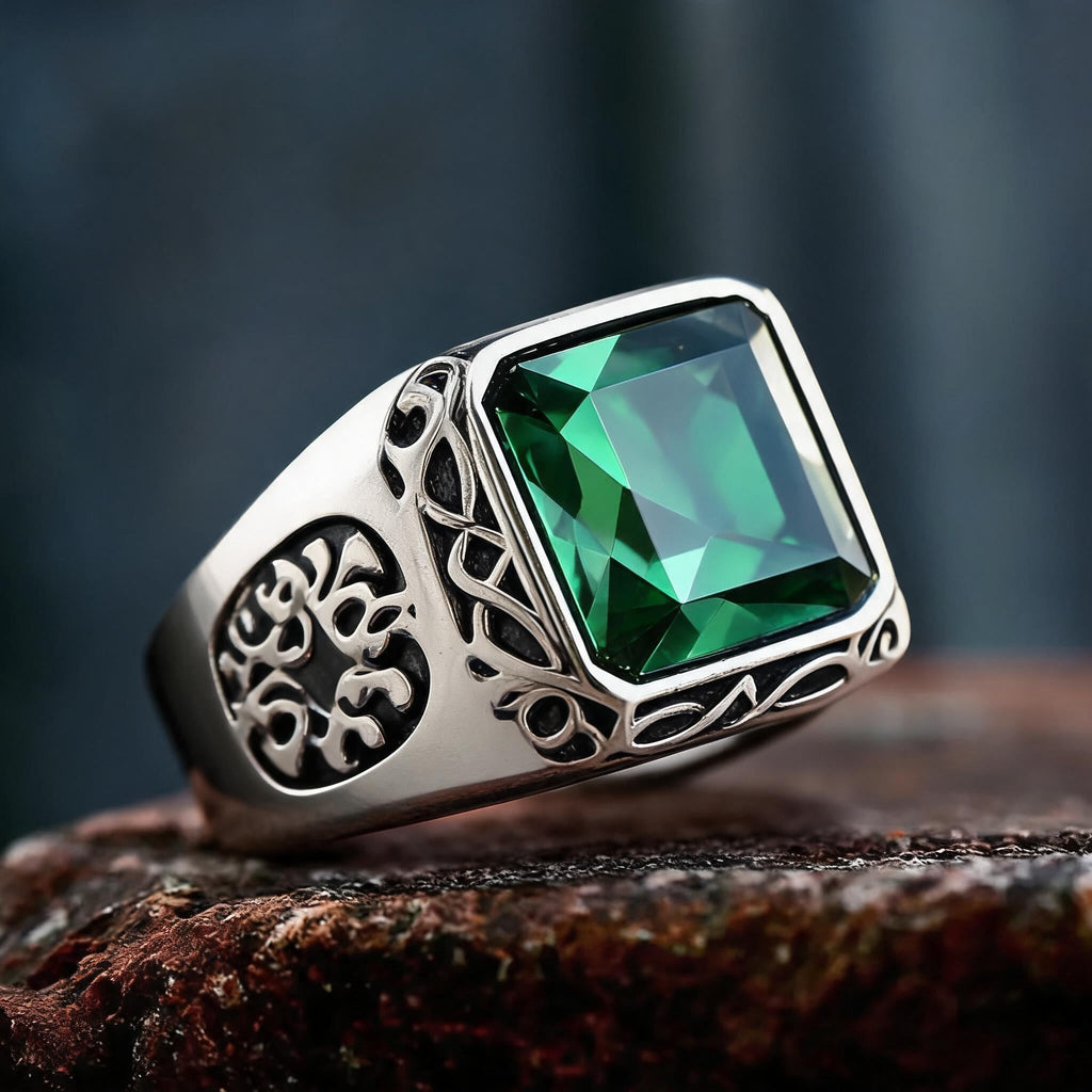Emerald Inlaid Stainless Steel Ring