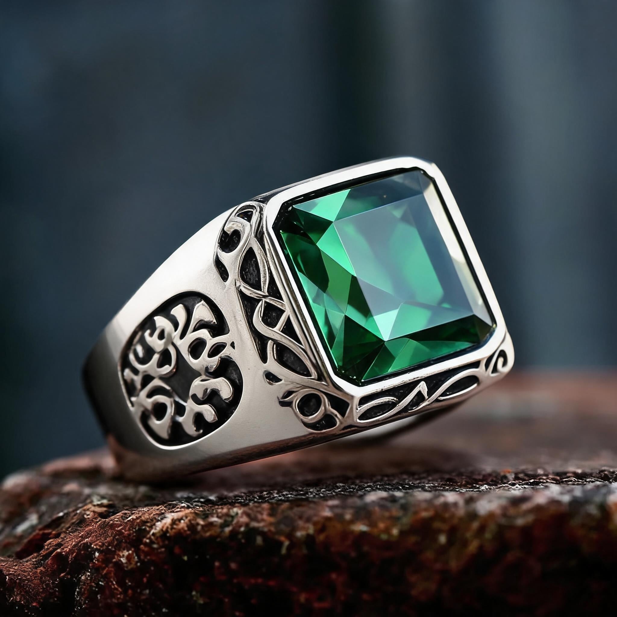 Emerald Inlaid Stainless Steel Ring