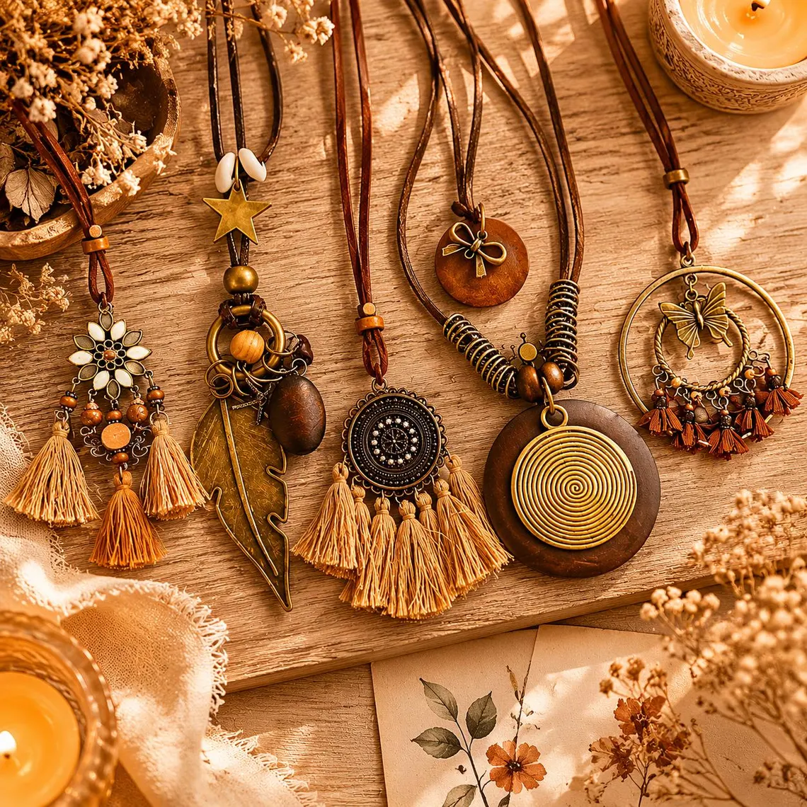 Handcrafted Wooden Tassel Necklace – Boho Natural Statement Jewelry · Handmade Gift