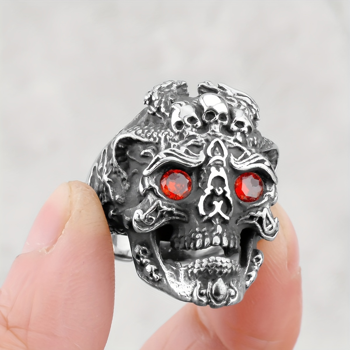 Gemstone Eyes Skull Stainless Steel Biker Ring