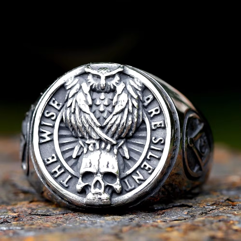"The Wise Are Silent" Owl Skull Masonic Signet Ring