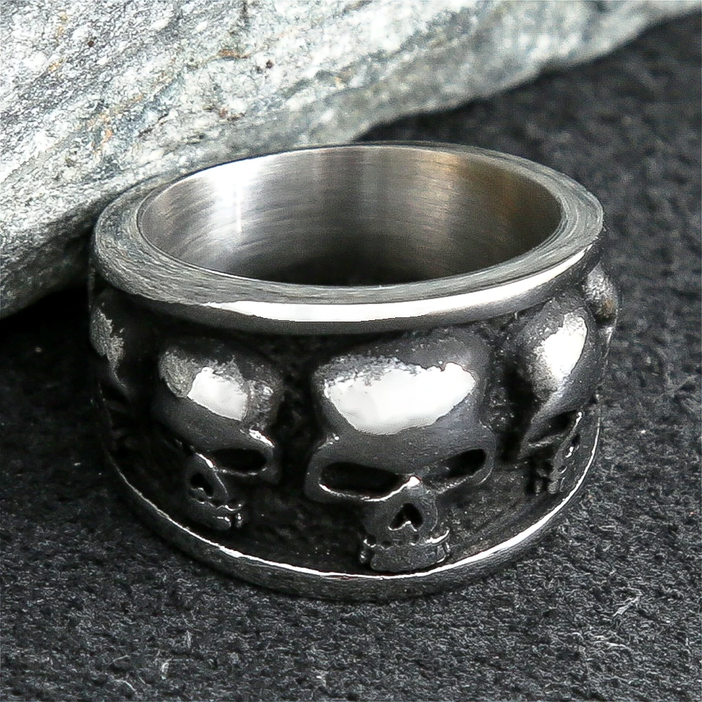 Vintage Multi Skull Wide Band Stainless Steel Ring