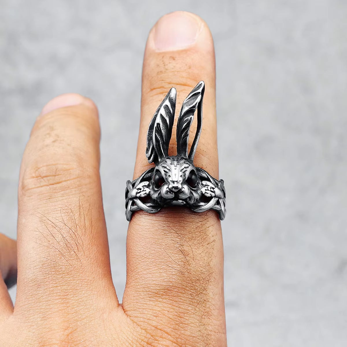 Gothic Red-Eyed Rabbit Vine Stainless Steel Ring